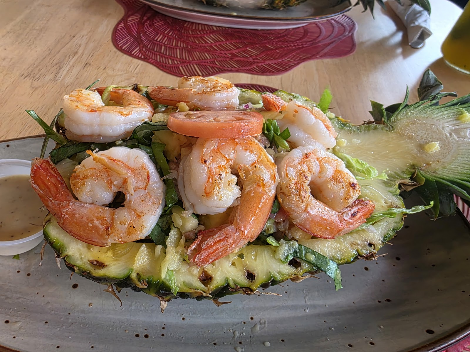 Shrimp salad in pineapple bowl